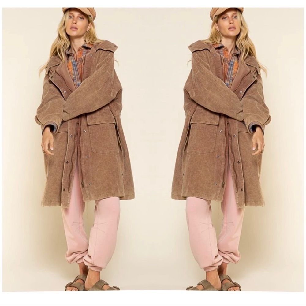 POL 𝅺corduroy Hooded Long Coat in Teddy Bear